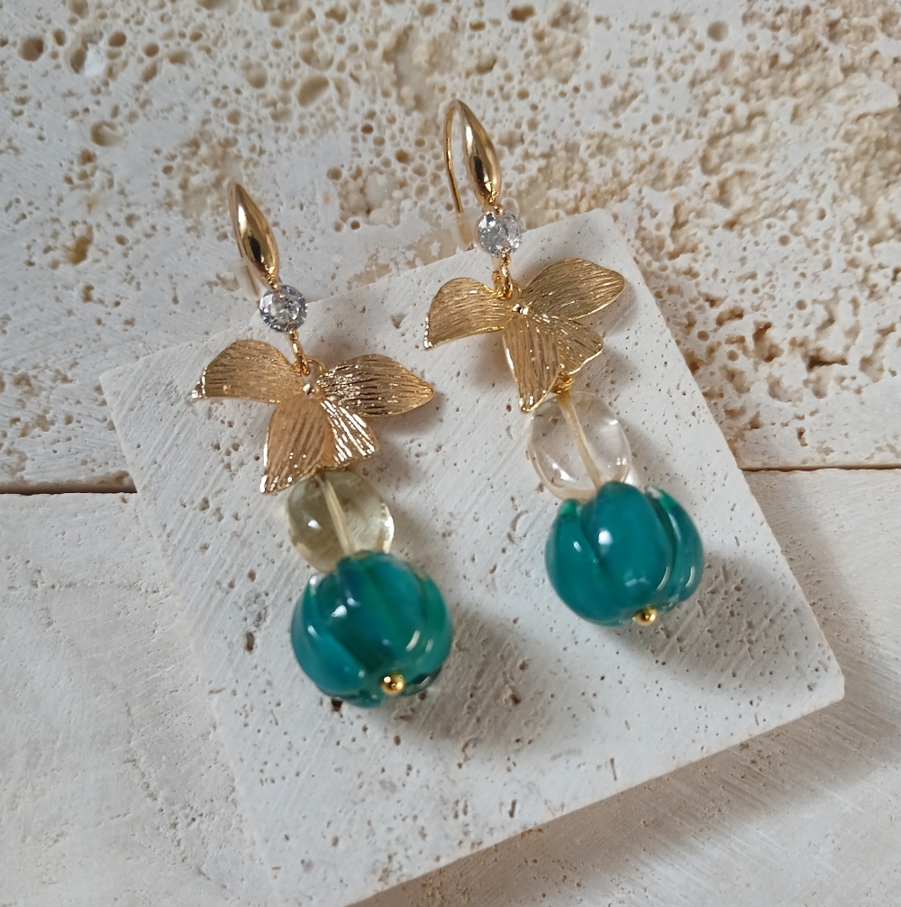 Elegant Gold and Green Butterfly Earrings